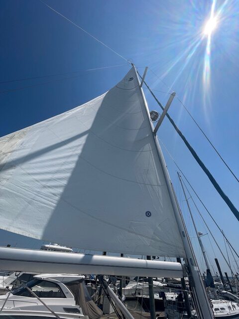 recut sail installed on the boat